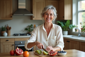 Femme souriante coupant des fruits frais dans la cuisine chaleureuse