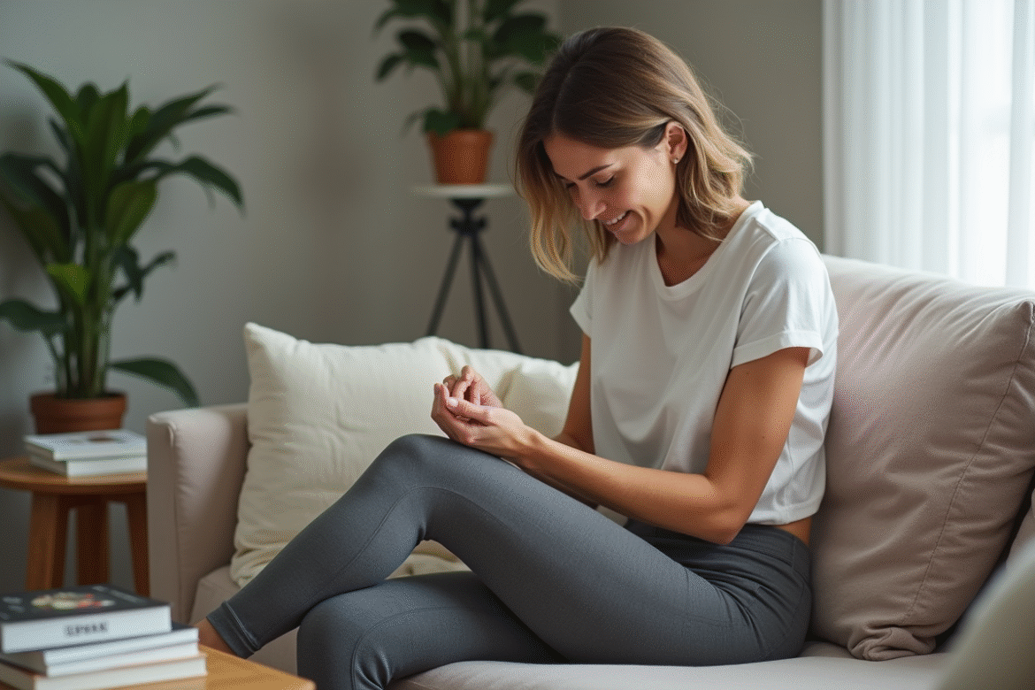 Femme assise sur un sofa examinant sa peau
