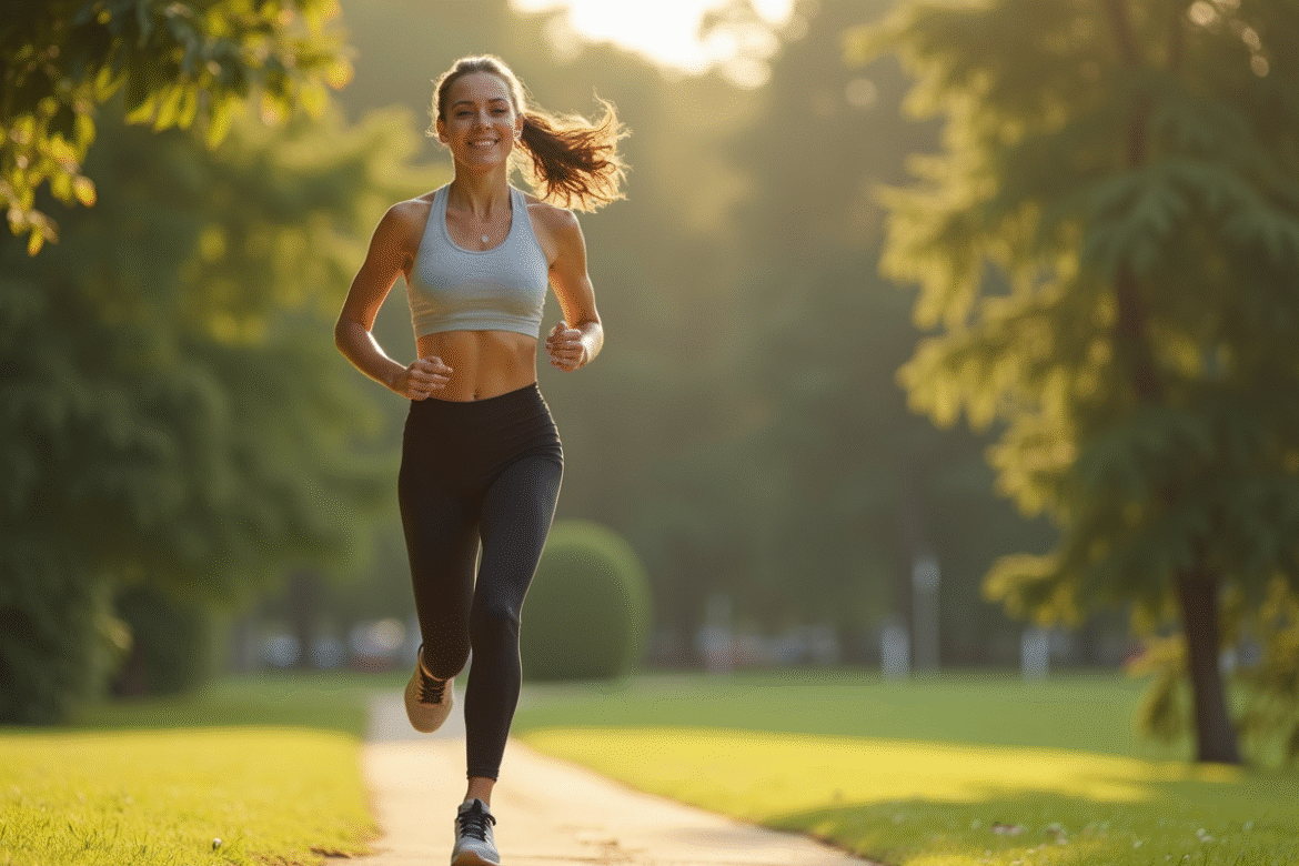 Femme sportive courant dans un parc en plein air avec des jambes tonique