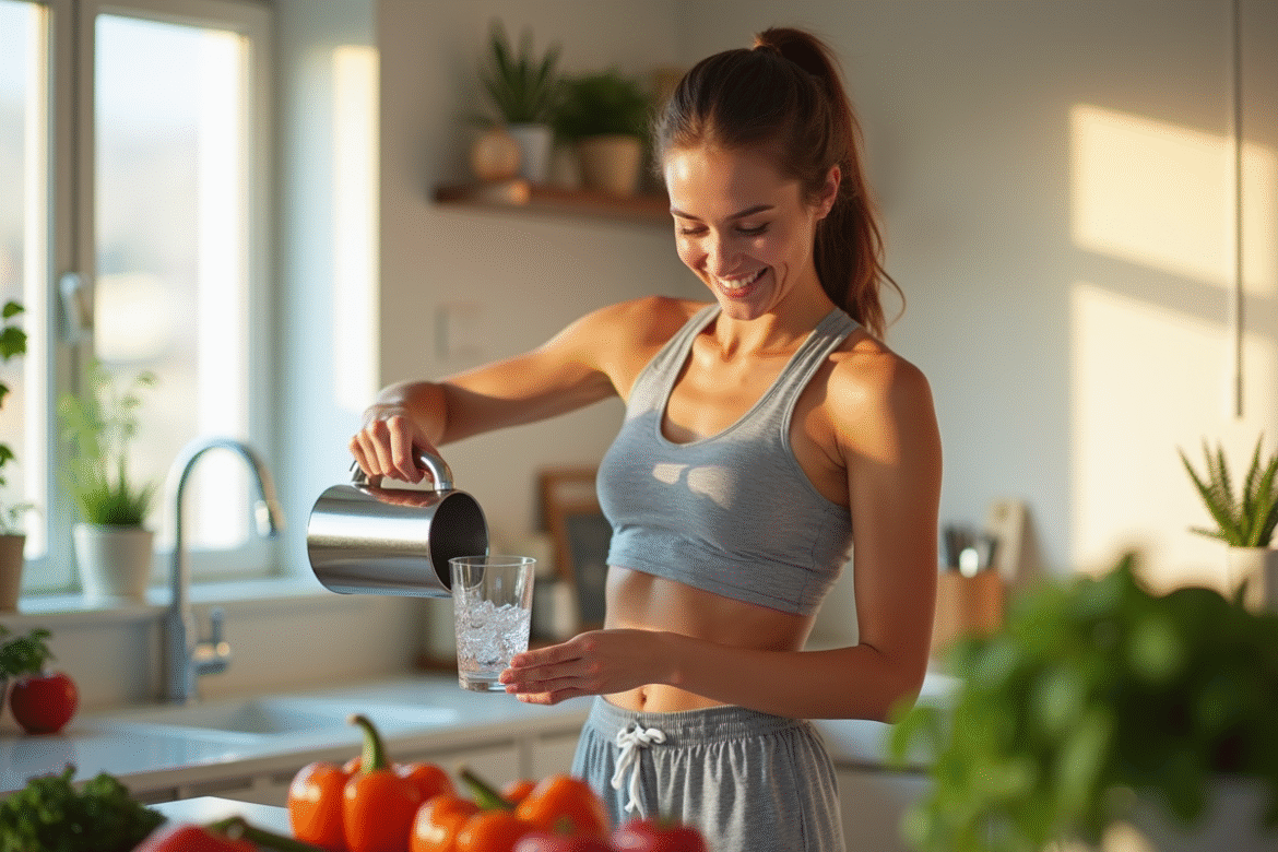 Femme sportive versant de l'eau dans un verre dans une cuisine lumineuse