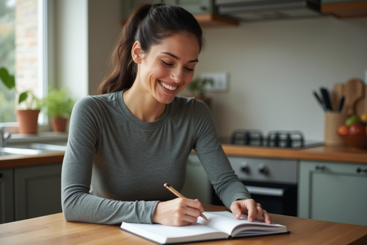 Femme souriante enregistrant son poids dans un journal