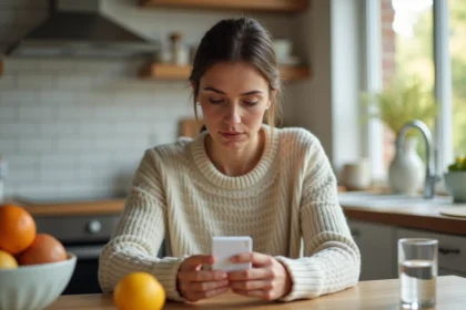 Femme lisant une étiquette de compléments alimentaires dans la cuisine