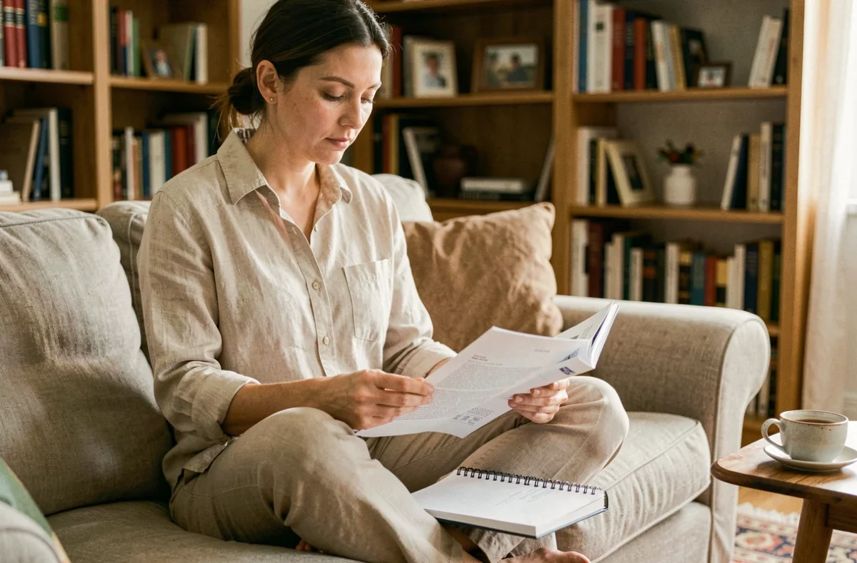 Femme à domicile lisant des documents médicaux sur les traitements du kyste aux ovaires