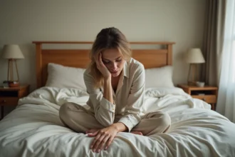 Femme assise sur le bord d'un lit tenant sa tête avec une expression de vertige matinal