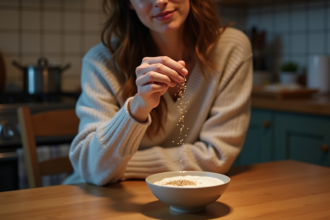 Femme en loungewear saupoudrant des graines de lin dans un bol de yaourt