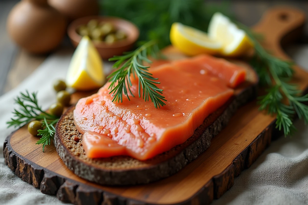 Présentation gastronomique de foie de morue fumé sur pain de seigle avec aneth et citron