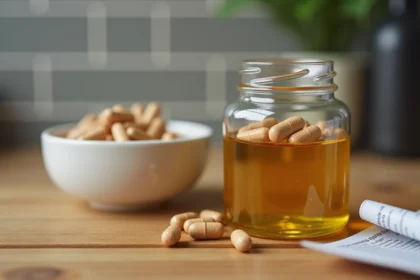 Bocal de gélules d'huile de foie de morue et foie de morue frais sur un comptoir de cuisine en bois