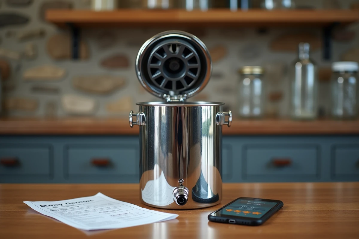 Gros plan sur un filtre à eau Berkey avec des avis imprimés et une interface d'évaluation sur smartphone