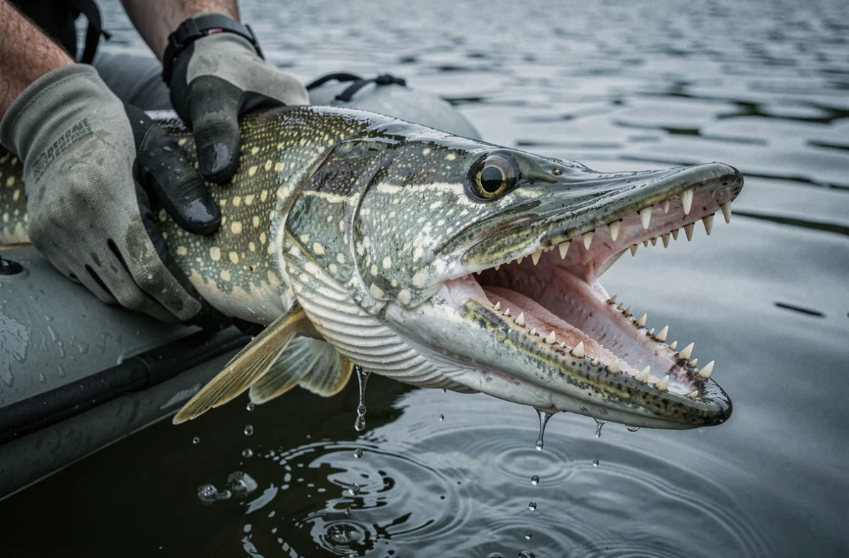 Gros plan sur la gueule ouverte d'un brochet tenu en float tube, dents acérées et risque de morsure bien visibles