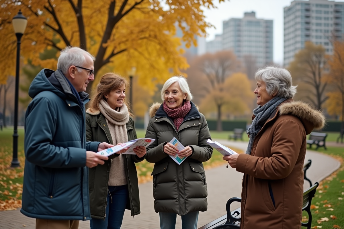 Groupe divers en discussion dans un parc urbain