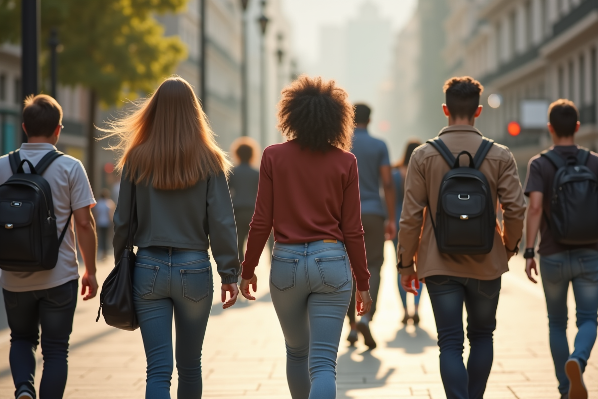 Groupe de personnes marchant dans une ville ensoleillee