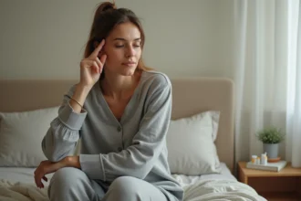 Femme en convalescence de la maladie de Ménière assise sur son lit, main sur la tempe, dans une chambre apaisante