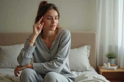 Femme en convalescence de la maladie de Ménière assise sur son lit, main sur la tempe, dans une chambre apaisante