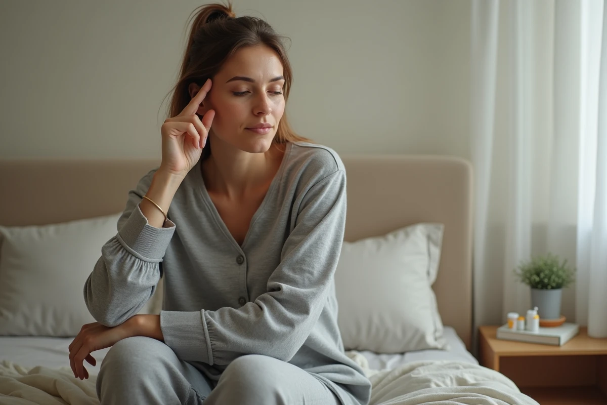 Femme en convalescence de la maladie de Ménière assise sur son lit, main sur la tempe, dans une chambre apaisante