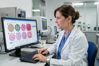 Hématologue pédiatrique analysant des résultats de numération des monocytes sur un écran d'ordinateur dans un laboratoire hospitalier moderne
