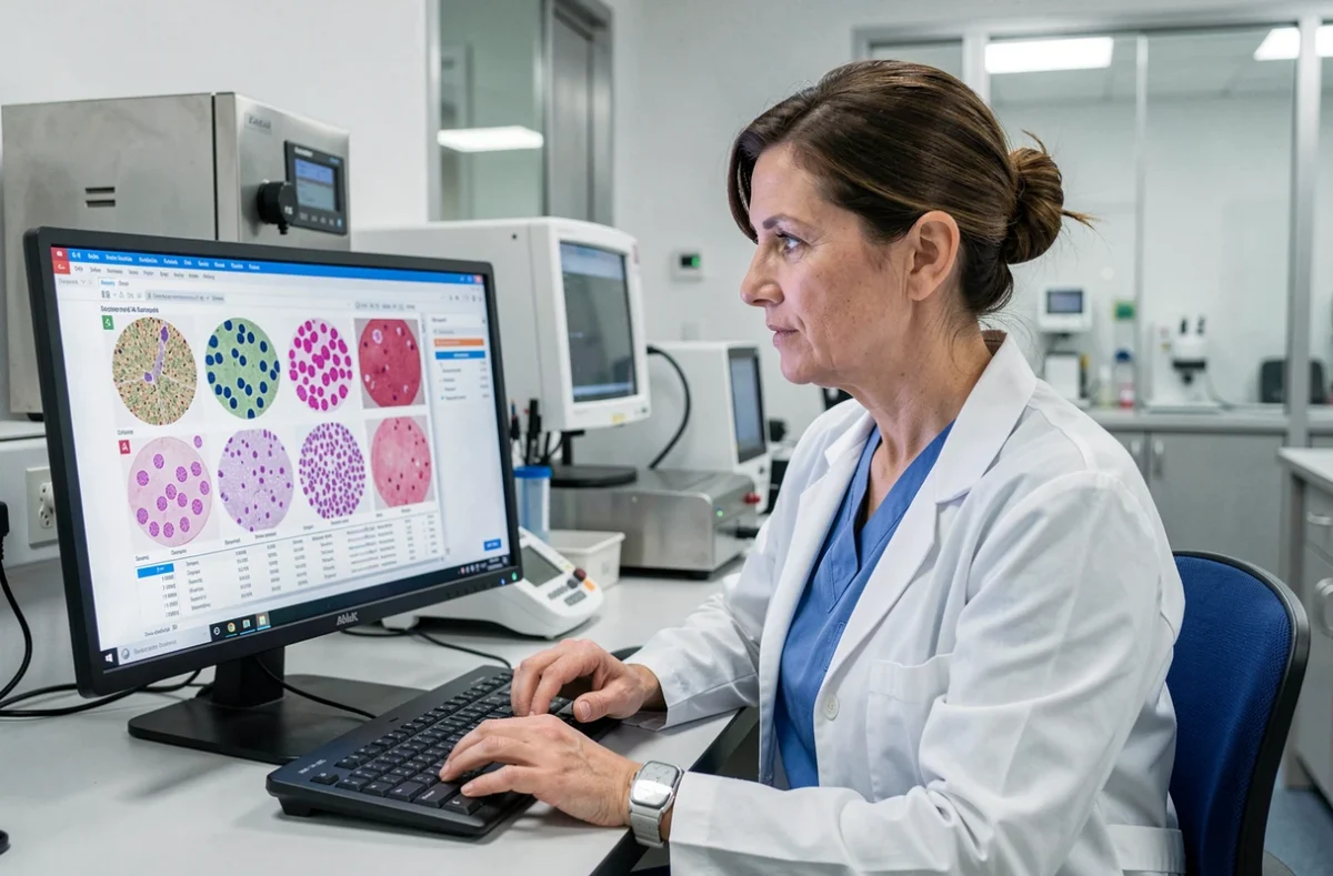 Hématologue pédiatrique analysant des résultats de numération des monocytes sur un écran d'ordinateur dans un laboratoire hospitalier moderne
