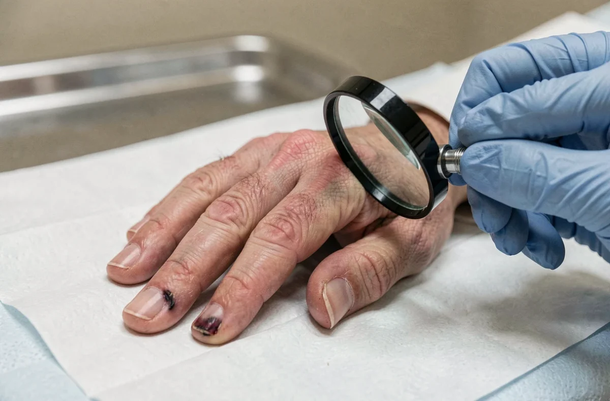 Gros plan sur un ongle du pouce présentant un hématome sous-unguéal lors d'une consultation médicale, évoquant une lésion de la matrice de l'ongle