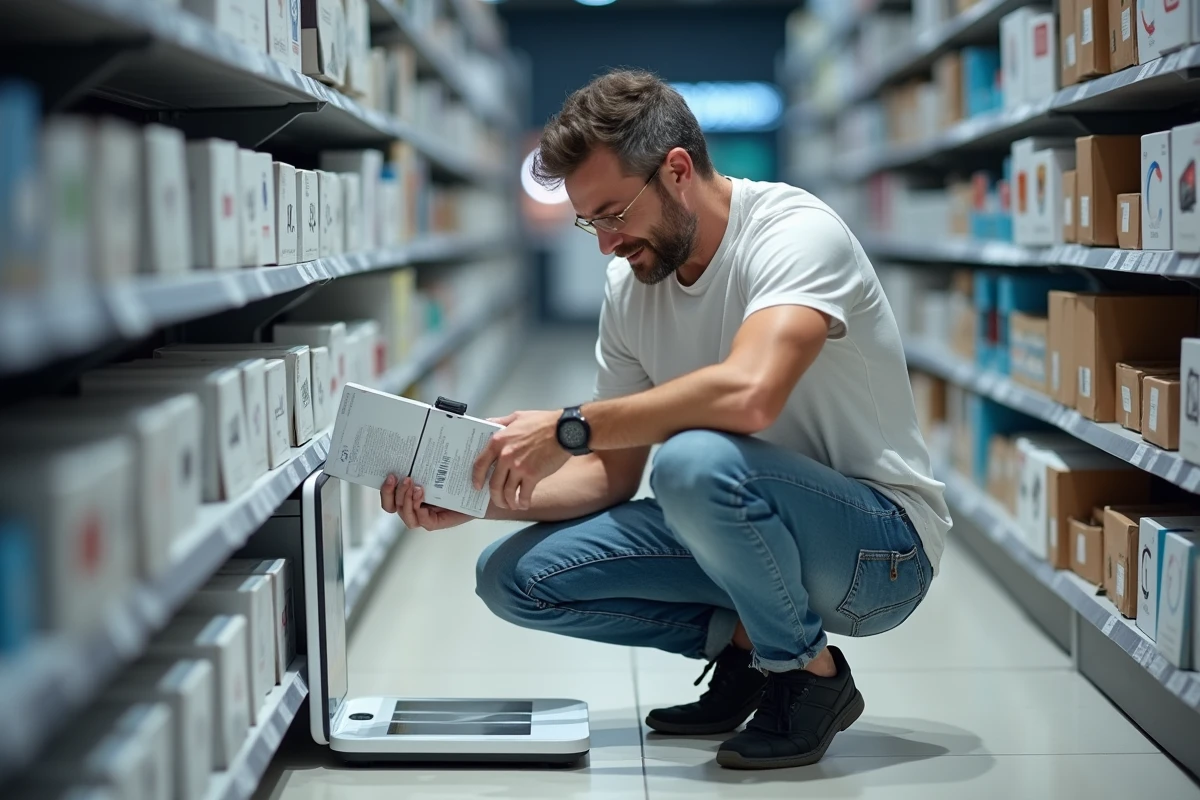 Homme examinant une balance corporelle en magasin moderne