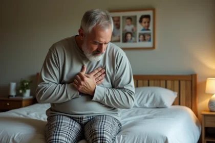 Homme d'âge moyen assis sur le lit dans une chambre chaleureuse