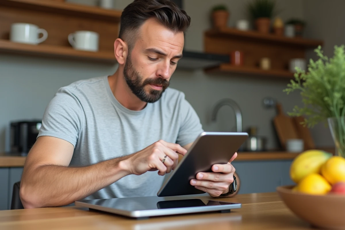 Homme analysant ses données sur une tablette avec une balance connectée