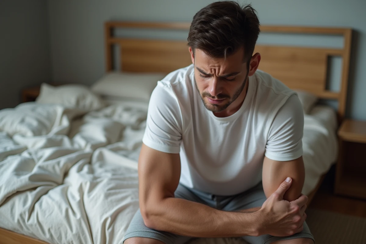 Homme assis sur le bord du lit le matin massant son avant-bras engourdi à cause d'une mauvaise posture nocturne
