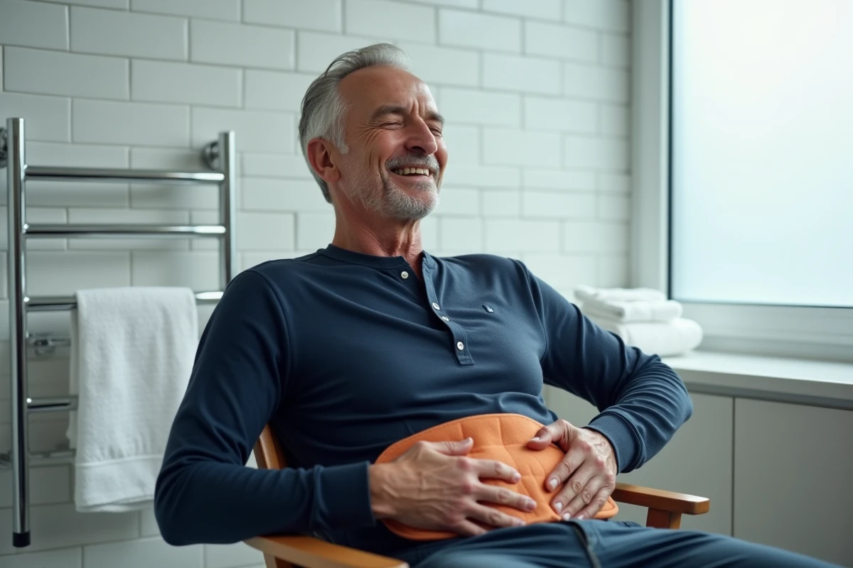 Homme utilisant une bouillotte thermique sur les côtes pour calmer une douleur intercostale dans une salle de bain moderne