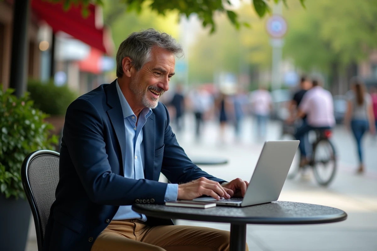 Homme travaillant sur son ordinateur dans un café en ville