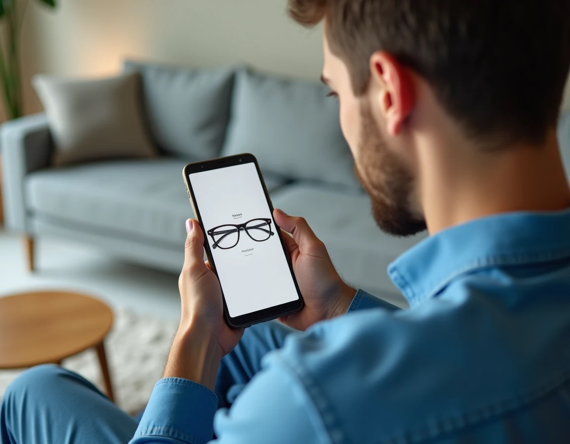 Jeune homme utilisant une calculette d'épaisseur de verres de lunettes sur smartphone à la maison