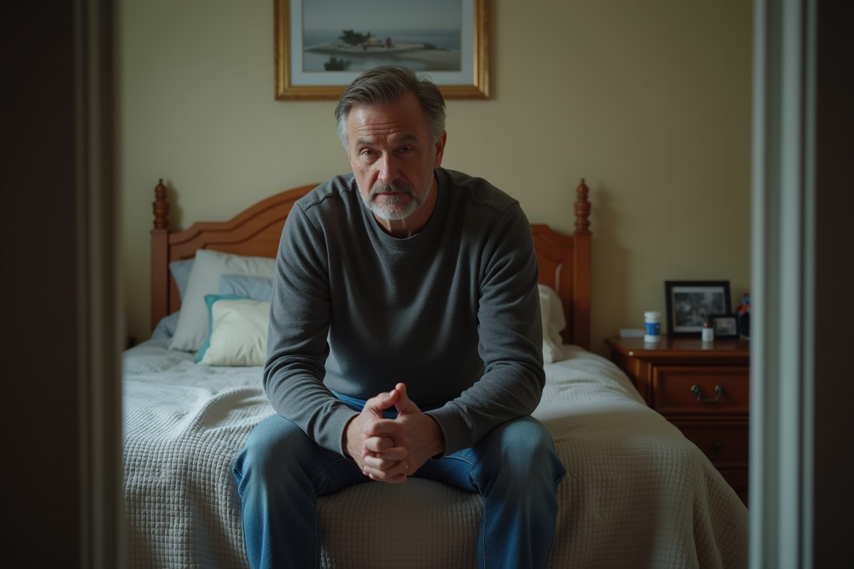 Homme pensif assis sur le lit dans une chambre modeste