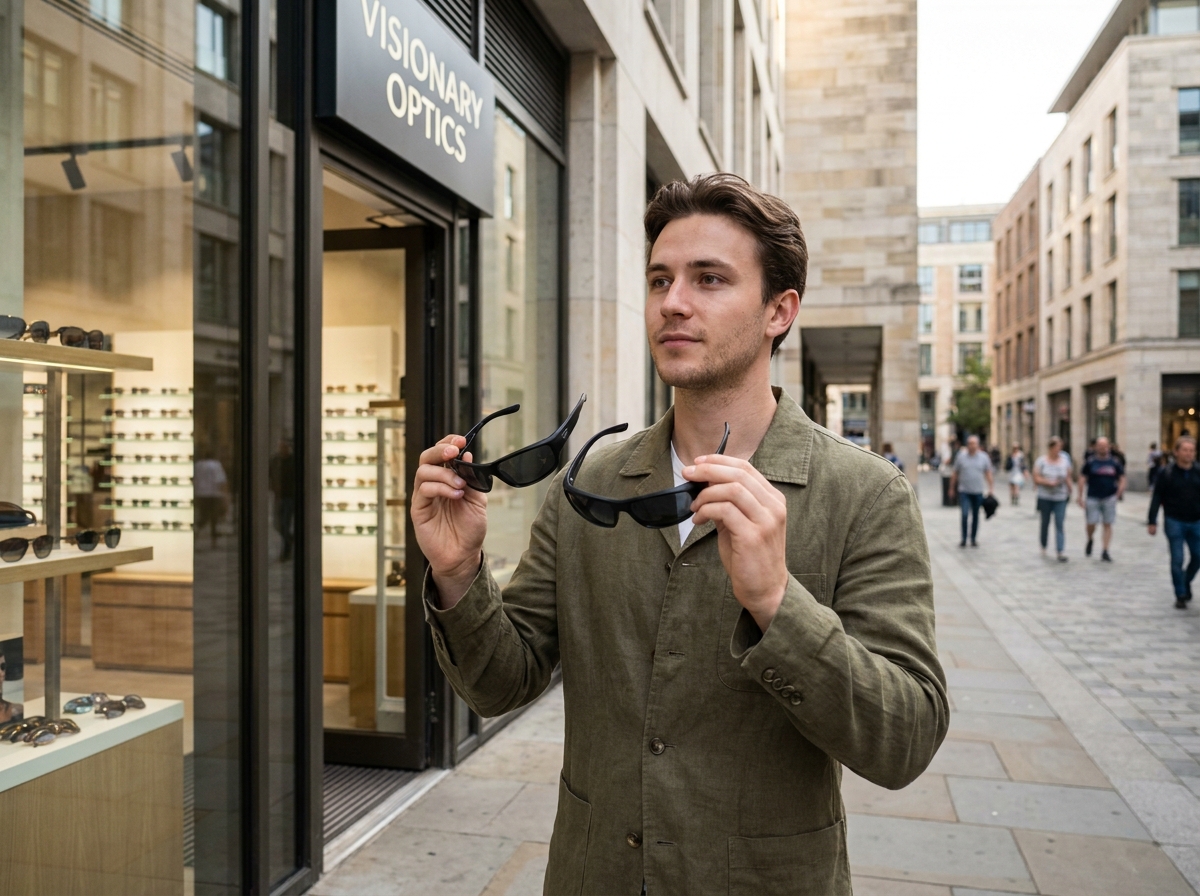 Jeune homme comparant deux paires de lunettes de soleil devant une boutique d'opticien en ville