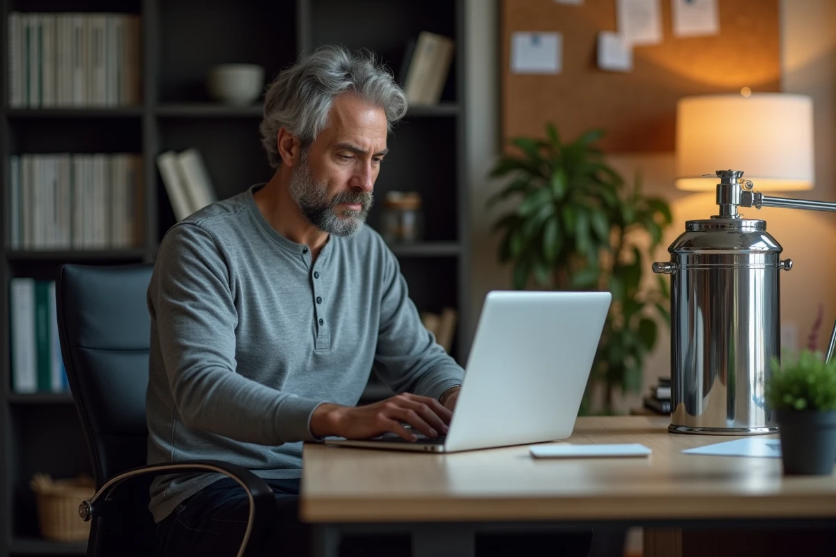 Homme comparant des avis sur les filtres Berkey sur son ordinateur portable dans un bureau à domicile