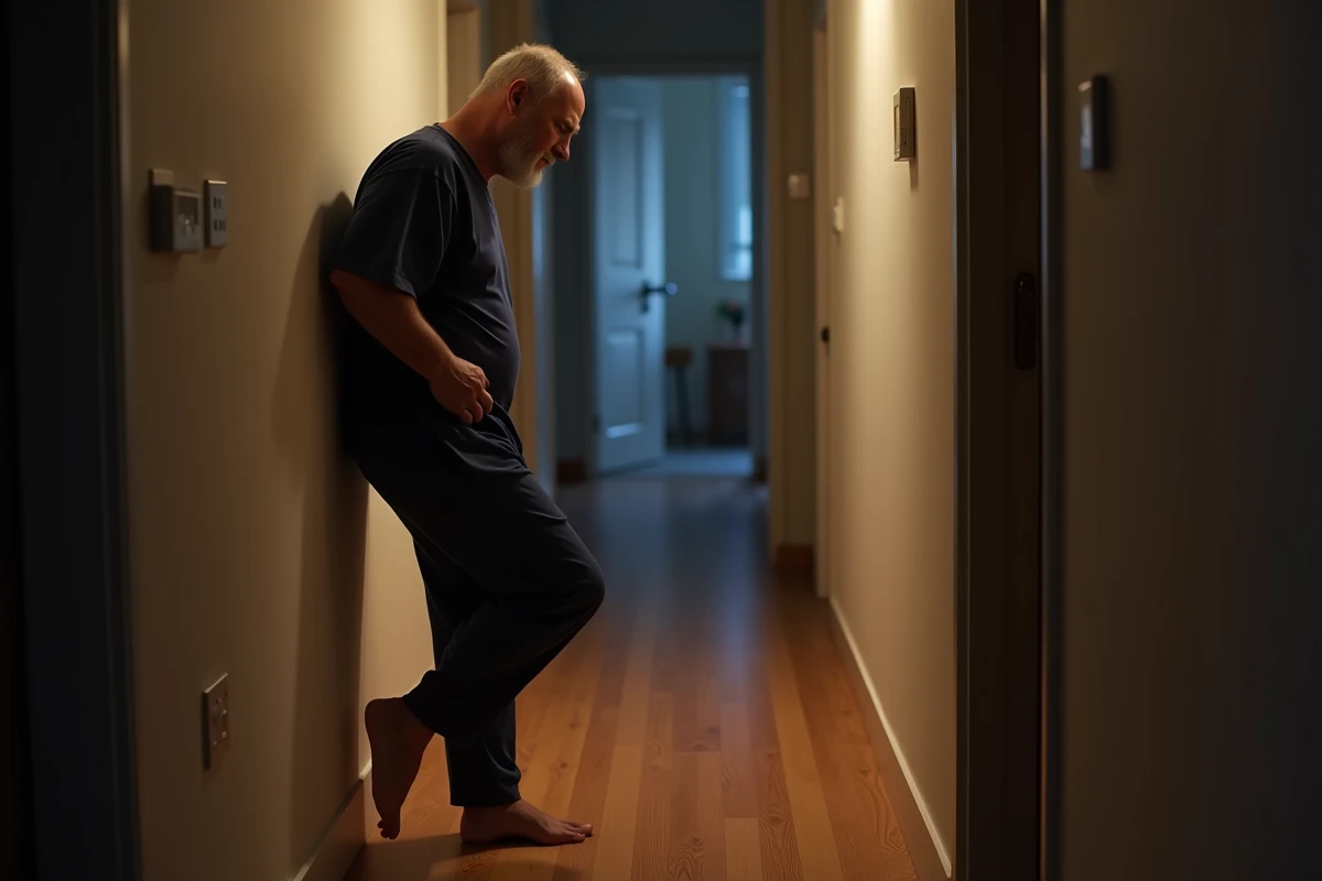 Homme debout dans le couloir la nuit se tenant le mur, cherchant à soulager une douleur aux jambes due à une artériopathie