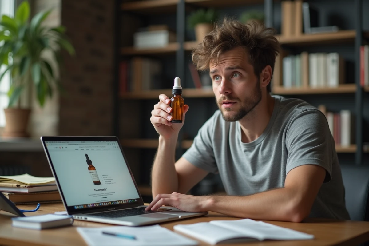 Jeune homme à son bureau étudiant une recette de sérum sur son ordinateur portable tout en inspectant une petite fiole en verre ambrée avec une expression curieuse et inquiète