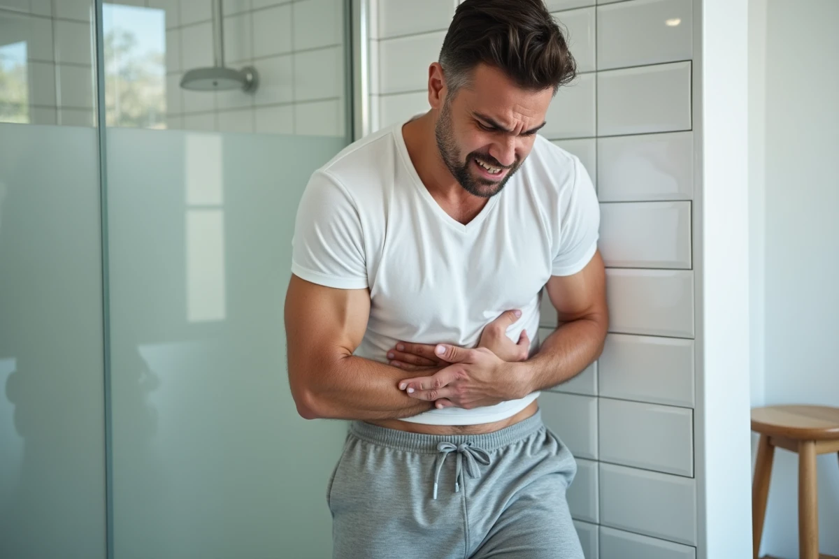 Homme debout dans une salle de bain appuyant sa main sur ses côtes douloureuses suite à un faux mouvement
