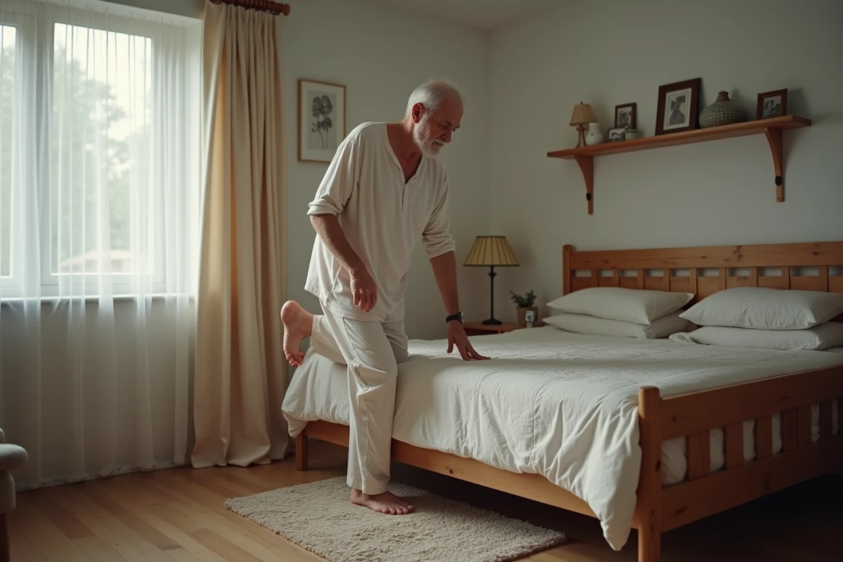 Homme âgé étirant sa jambe près du lit