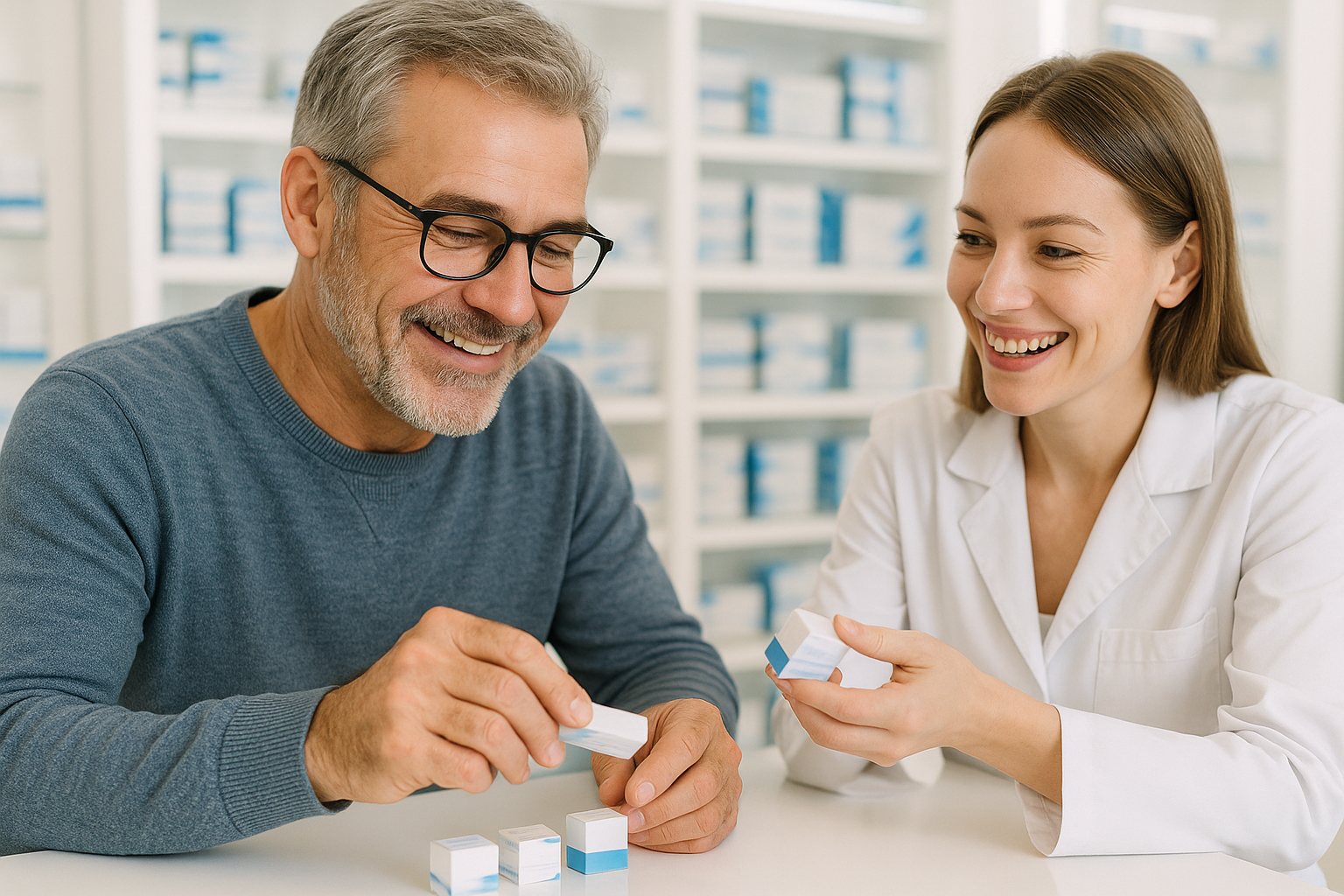 Homme examinant différentes lentilles avec un spécialiste au comptoir