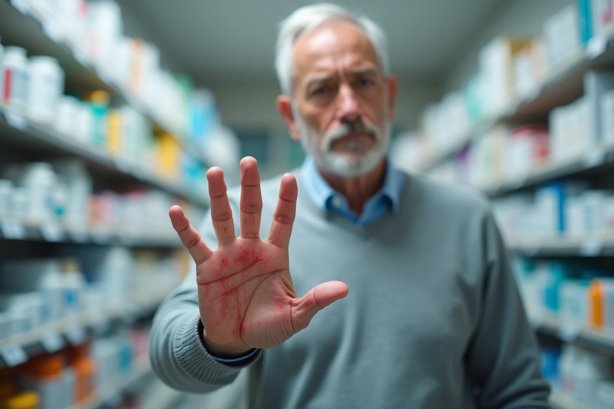 Homme examinant sa paume gauche rouge en pharmacie, cherchant à distinguer signe et symptôme d'une démangeaison soudaine