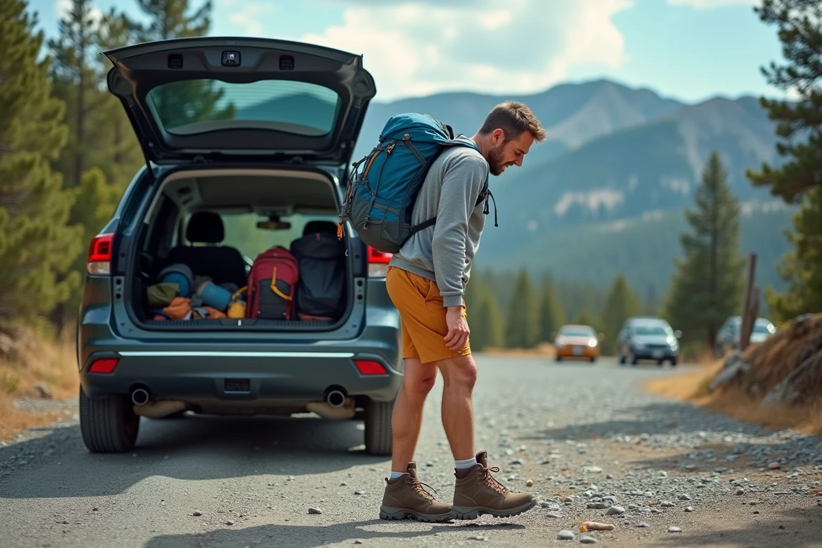 Homme en plein déchaussement de chaussure de randonnée au parking