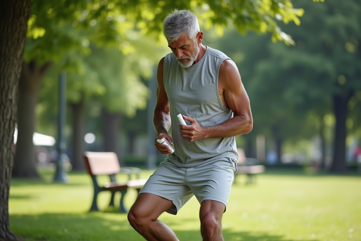 Homme appliquant de la creme dans un parc
