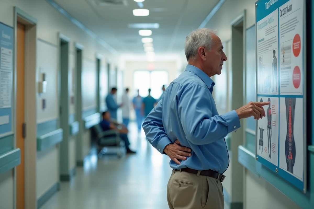 Homme regardant une affiche sur la douleur trapèze dans un hôpital