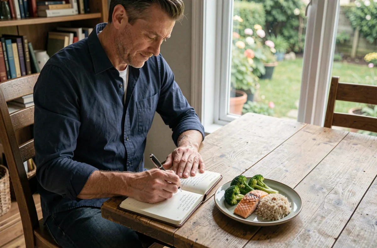 Homme tenant un journal alimentaire à côté d'un repas équilibré pour illustrer le suivi du rééquilibrage alimentaire
