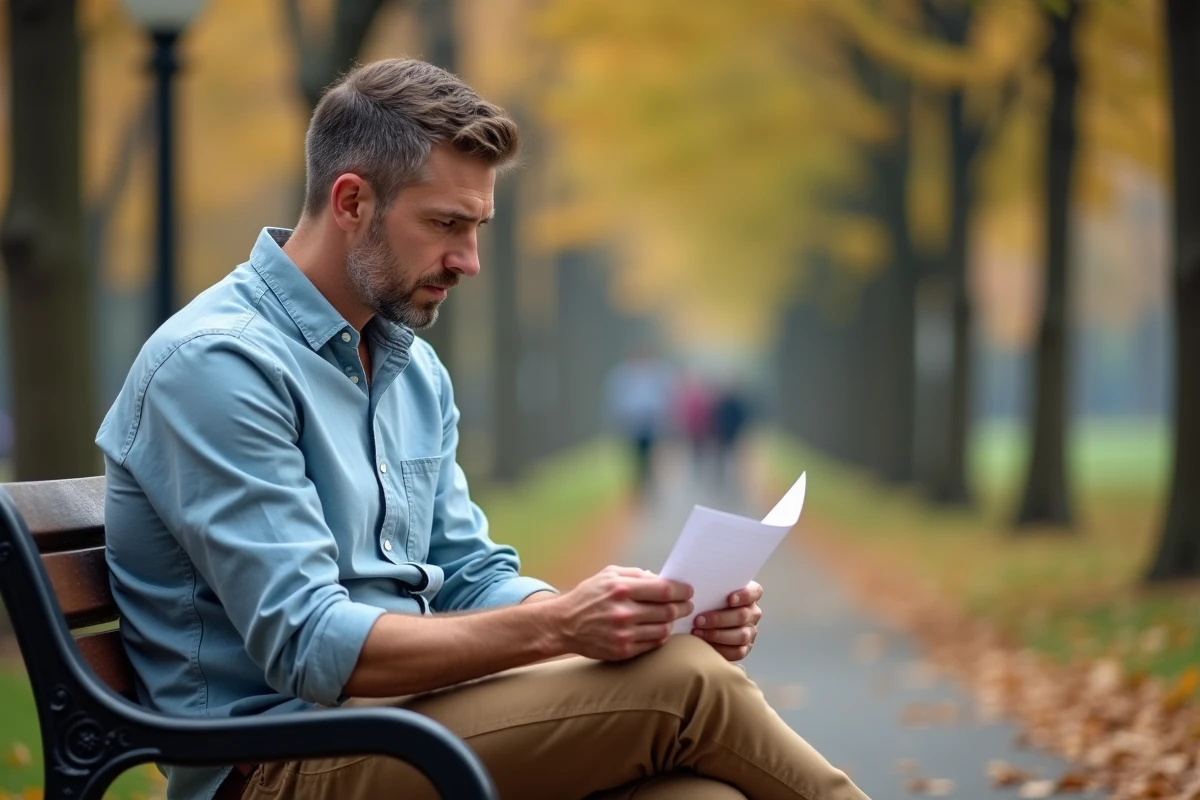 Homme lisant une lettre dans un parc en automne