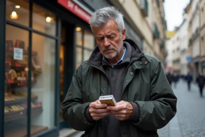 Homme d'âge moyen examine un prix de tabac à Luxembourg