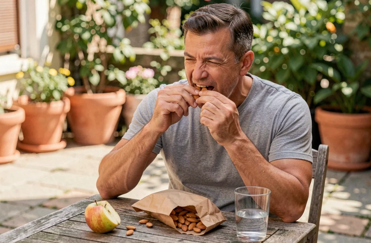 Homme mangeant une portion d'amandes en snack depuis un sachet kraft lors d'une pause sur une terrasse urbaine
