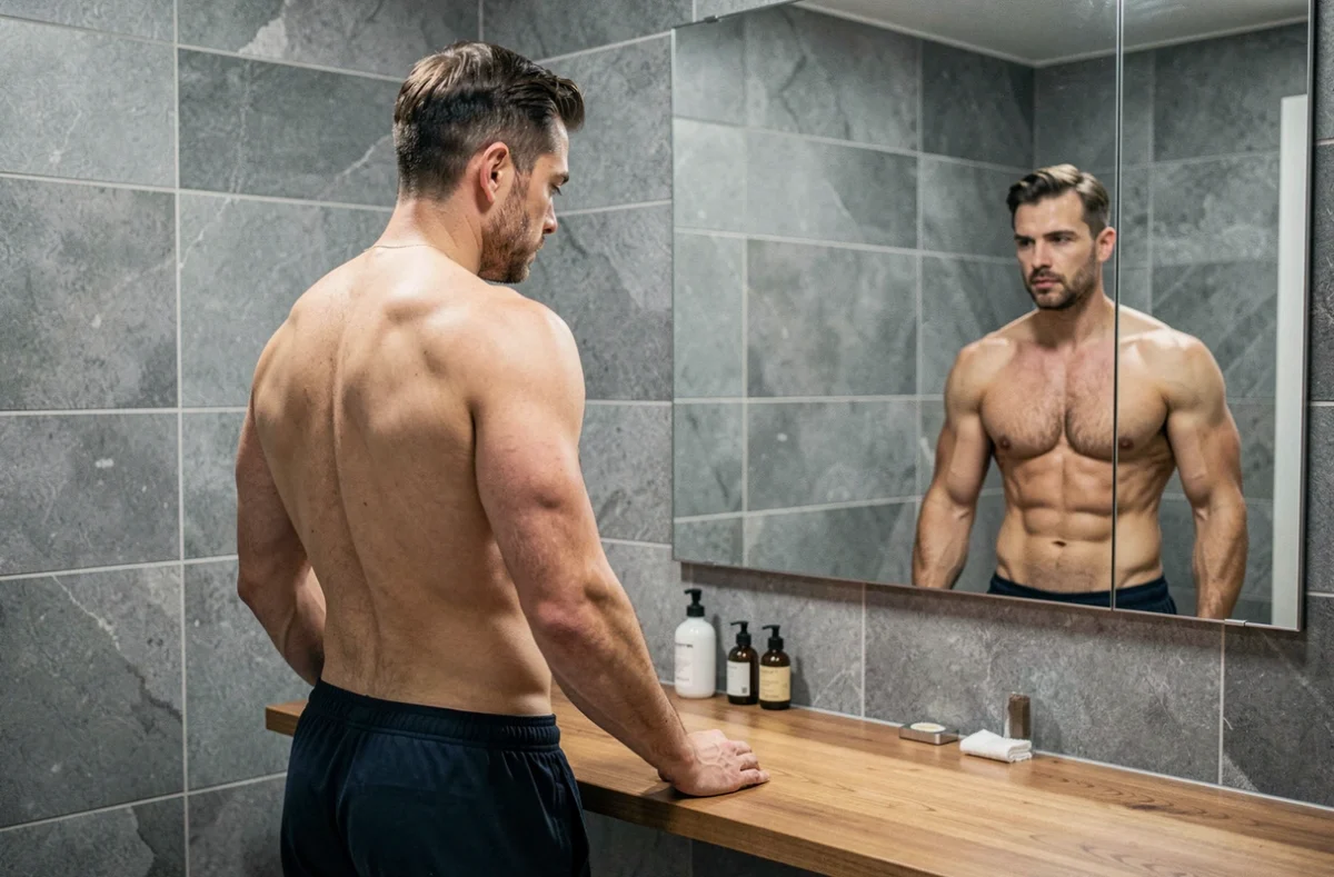 Homme adulte examinant son corps dans un miroir de salle de bain, représentant les changements physiques liés au jeûne prolongé et au métabolisme