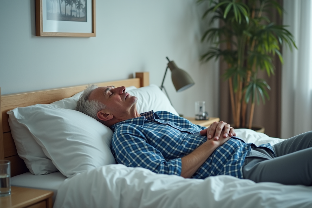 Homme d age moyen dormant dans un lit