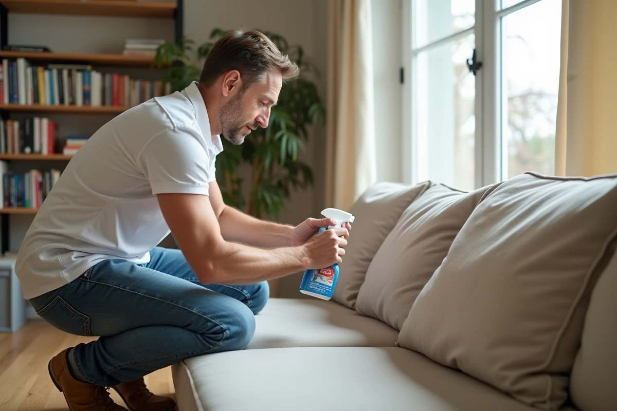 Homme utilisant un spray pour nettoyer un canapé beige