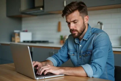 Homme en denim devant son ordinateur dans la cuisine