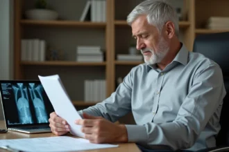 Homme de 58 ans souffrant d'ostéophytose examinant des documents médicaux et des radiographies à son bureau, illustrant les démarches administratives liées à l'invalidité et à l'inaptitude au travail