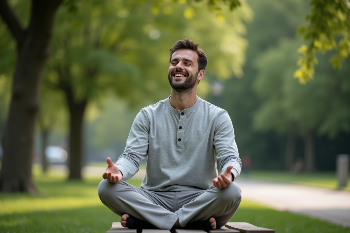 Homme méditant assis sur un banc dans un parc calme